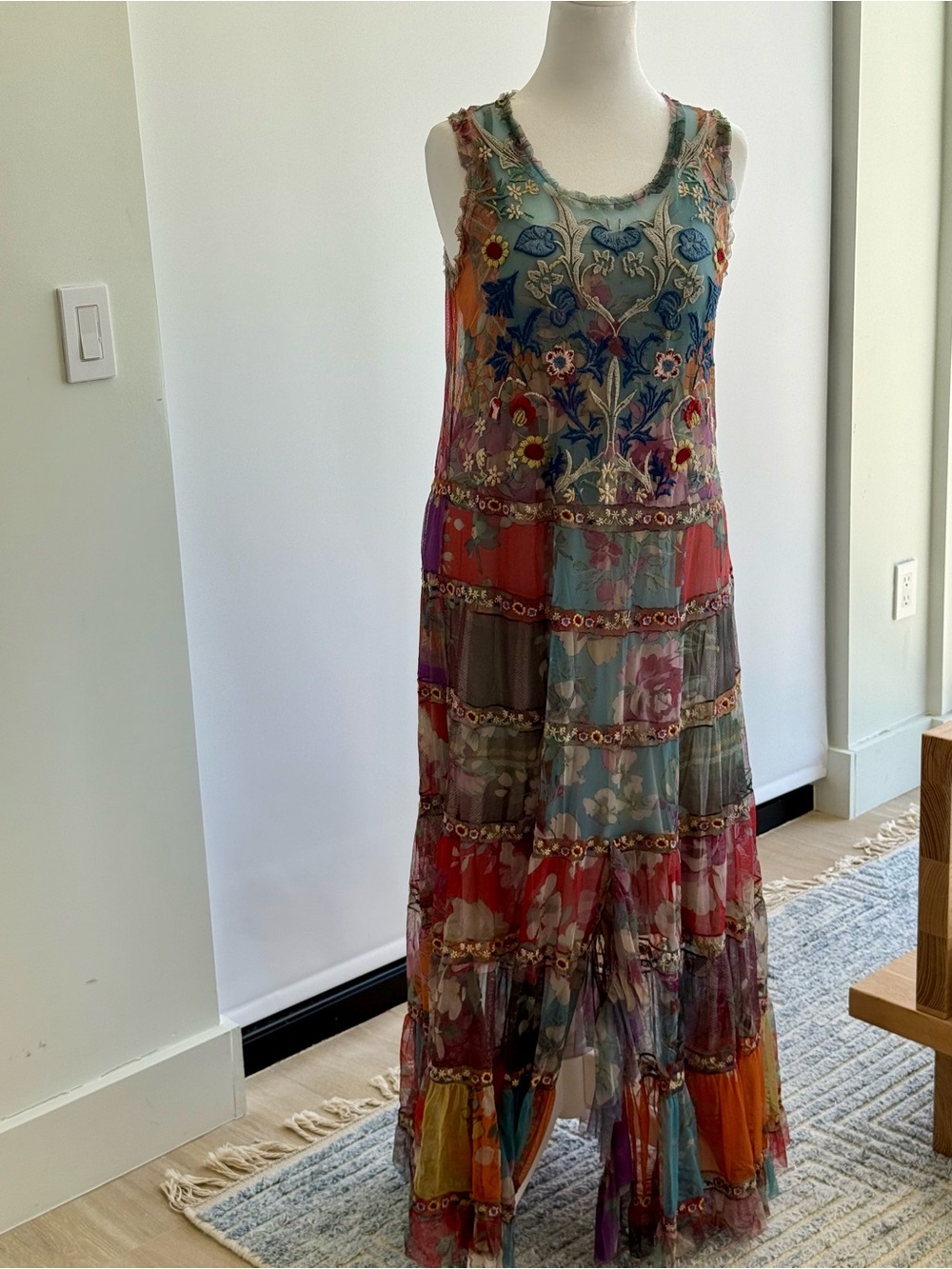 Johnny Was Embroidered Floral Tiered Maxi Dress in Teal, Red, Purple